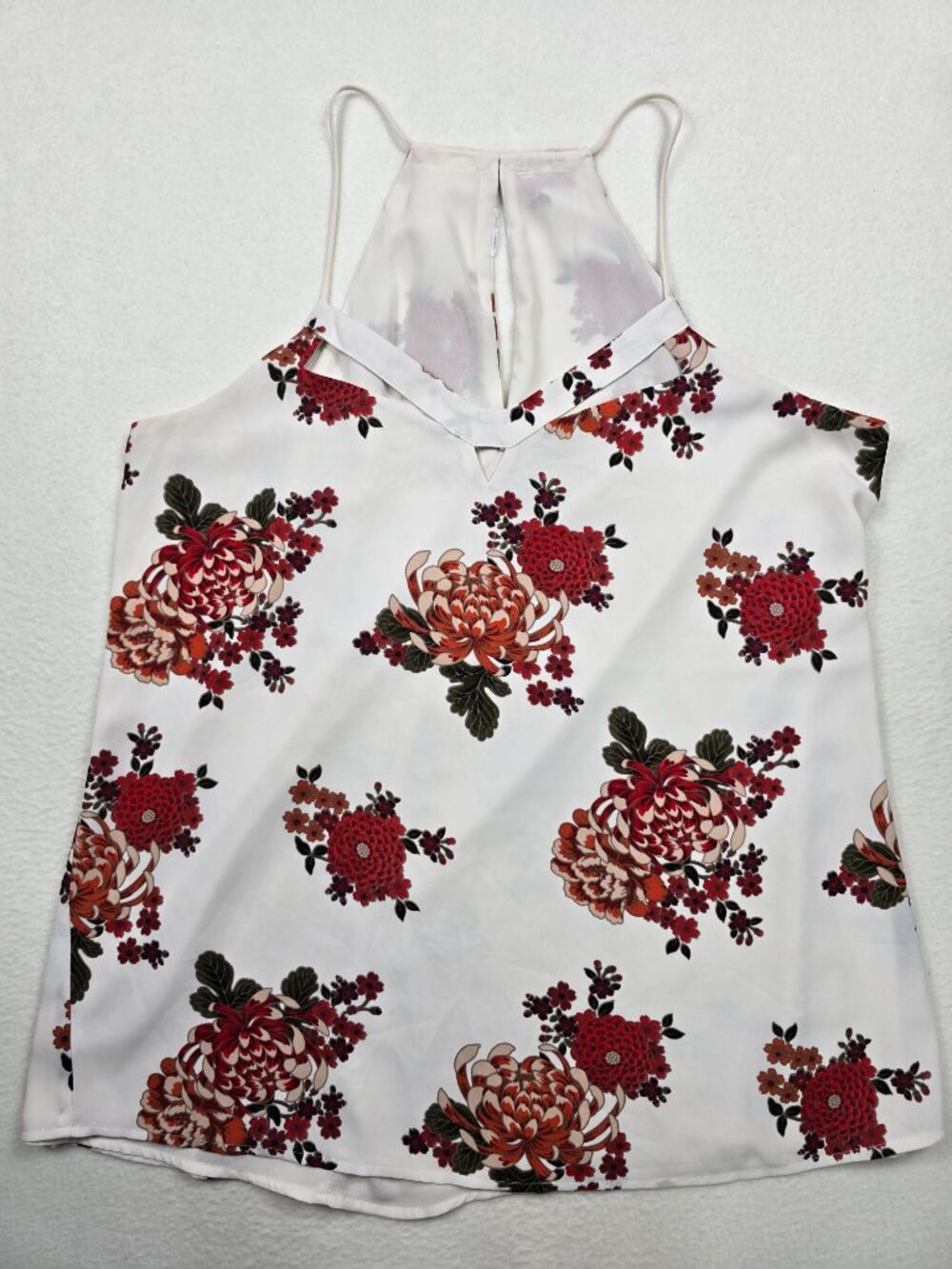 Floral Print Sleeveless Halter Top Spaghetti Straps White/Red Womens Large
